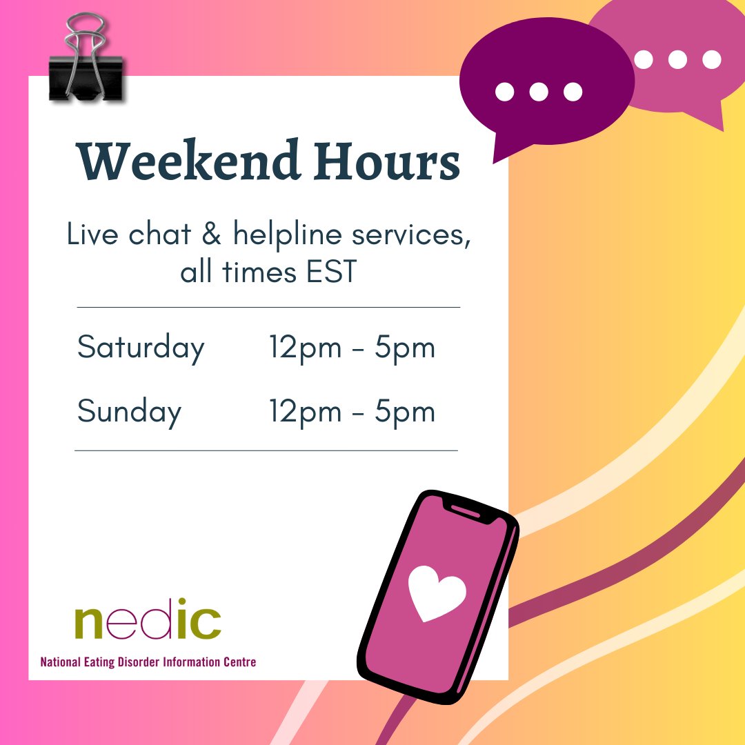 National Eating Disorder Information Centre (@thenedic) on Twitter photo We're here for you this weekend! Reach out for support. NEDIC's live chat and helpline are open on Saturdays & Sundays from 12PM to 5PM! 💜
💻 ow.ly/Zaj450M79Pf
📞 1-866-NEDIC-20 (toll-free)
📧 nedic@uhn.ca We're here for you this weekend! Reach out for support. NEDIC's live chat and helpline are open on Saturdays & Sundays from 12PM to 5PM! 💜
💻 ow.ly/Zaj450M79Pf
📞 1-866-NEDIC-20 (toll-free)
📧 nedic@uhn.ca
