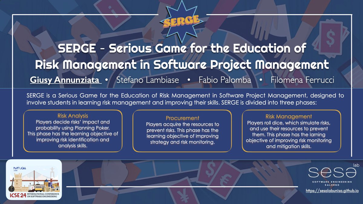 🤩I'm so excited to share that our work SERGE—#SeriousGame for the #Education of #RiskManagement in #SoftwareProjectManagement, has been accepted at @ICSEconf  #SEET! 🎉 Thanks to my co-authors: @StefanoLambiase  @fabiopalomba3  and @filomenaferrucc . See you all in Lisbona!✈️🇵🇹
