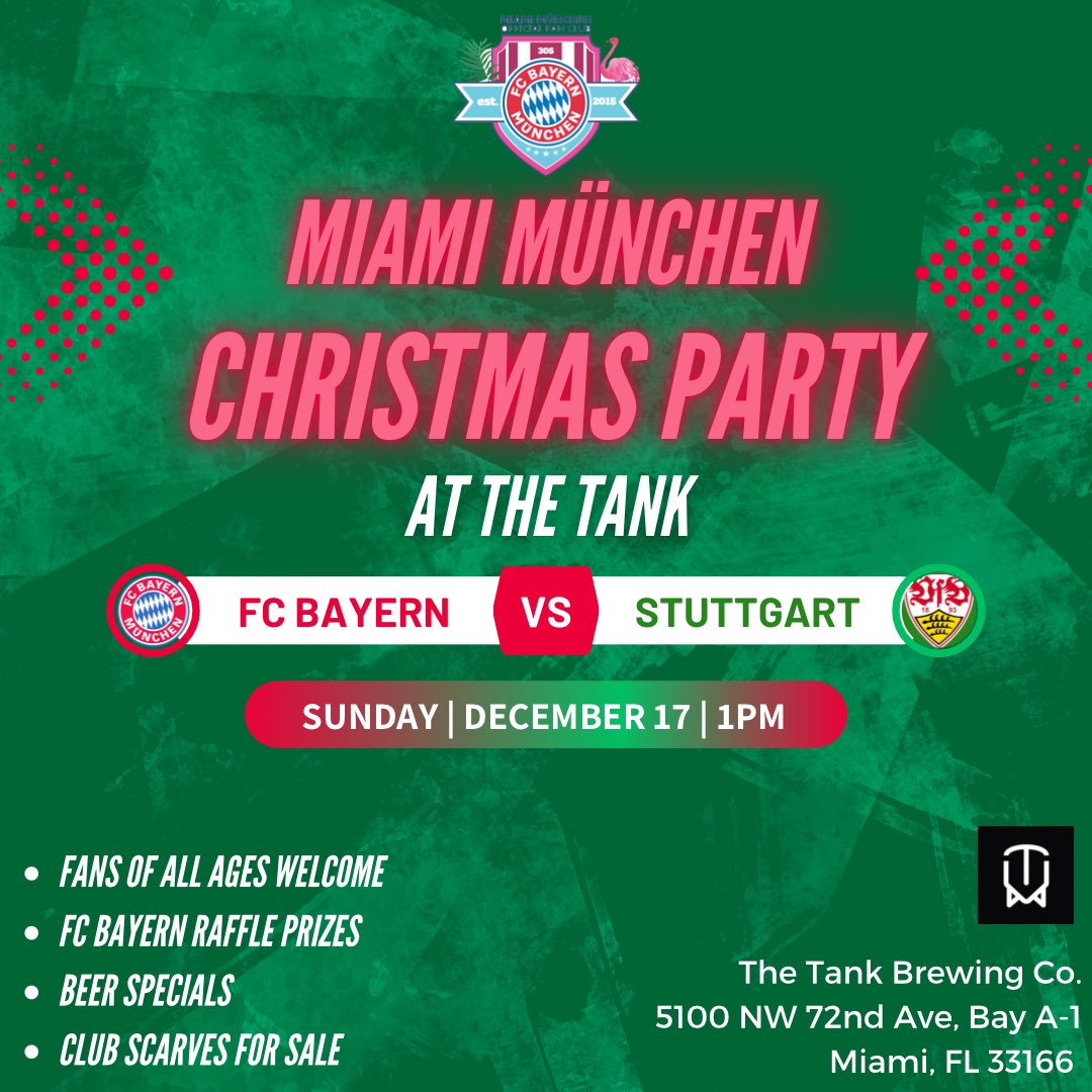 Tomorrow is the last club event of 2023! You could win some <a href="/FCBayernUS/">🇺🇸 FC Bayern US 🇨🇦</a> swag!

🆚 VfB Stuttgart
🗓️ Saturday | 17 December
🕛 1:00PM
📍 <a href="/TheTankBrewing/">The Tank Brewing Co</a>  🍻 
🎄 Club Christmas Party
🎁 Raffle Prizes

#MiaSanMia #PackMas #FCBayern #FCBVfB