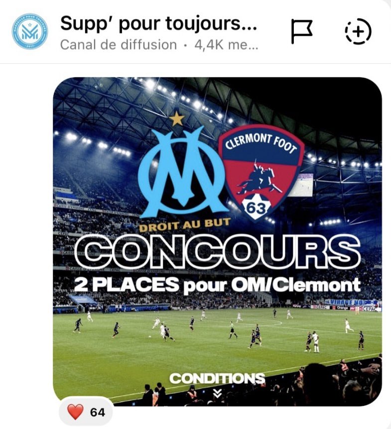 On vous fait gagner 2 places pour l’immense OM/Clermont de demain ! Ça se passe ici —> instagram.com/marseillepourt… (y’a juste à rejoindre le canal Insta et le concours est dedans) #OMCF63