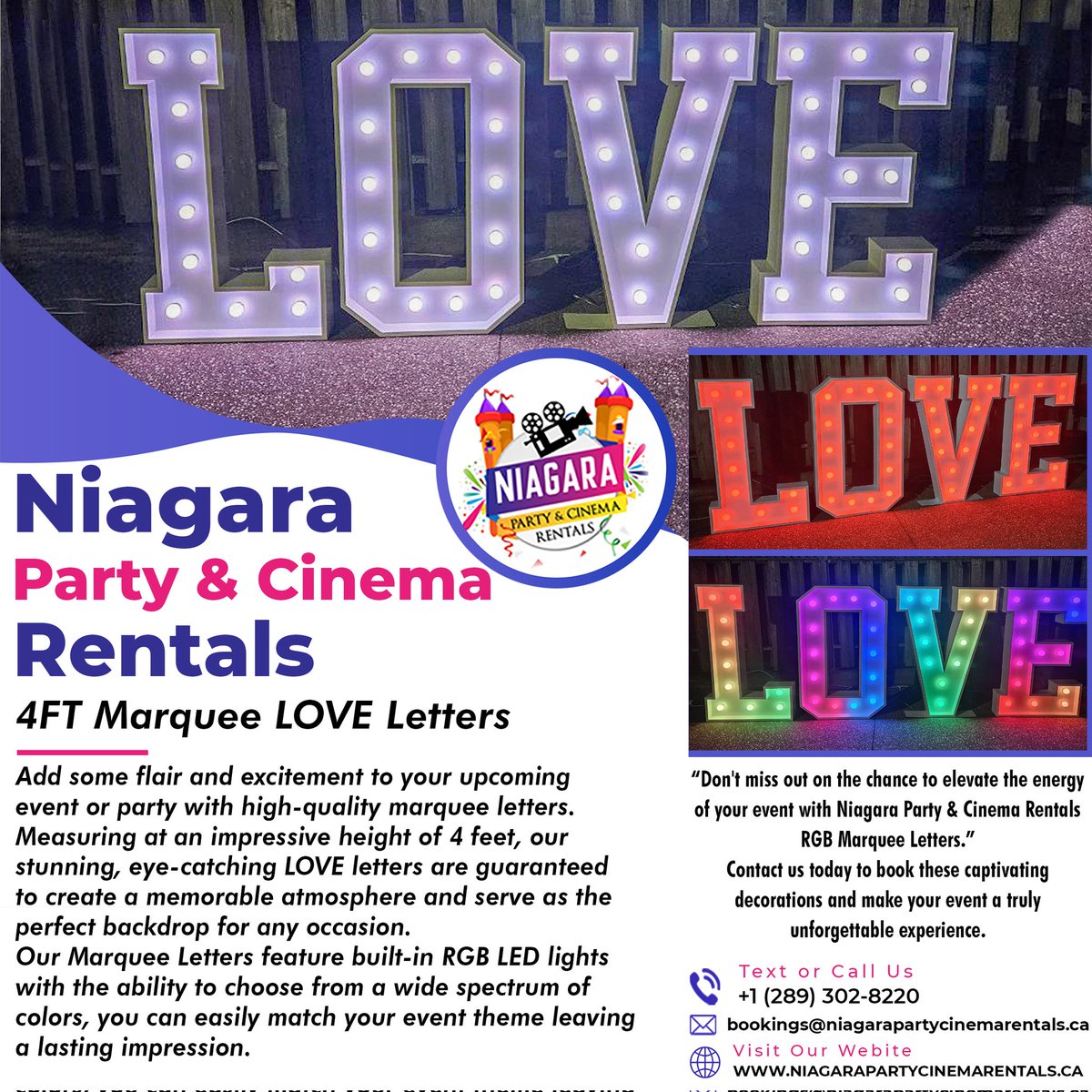 💥 Niagara Party & Cinema Rentals is now offering 4FT LOVE Marquee Letters! 💥

Light up your next event with our stunning 4ft RGB Marquee LOVE Letters!

#marqueerentals #niagaraevents #eventsniagarafalls #marqueeniagara #eventrentalsniagara #marqueeletters #marqueelighting