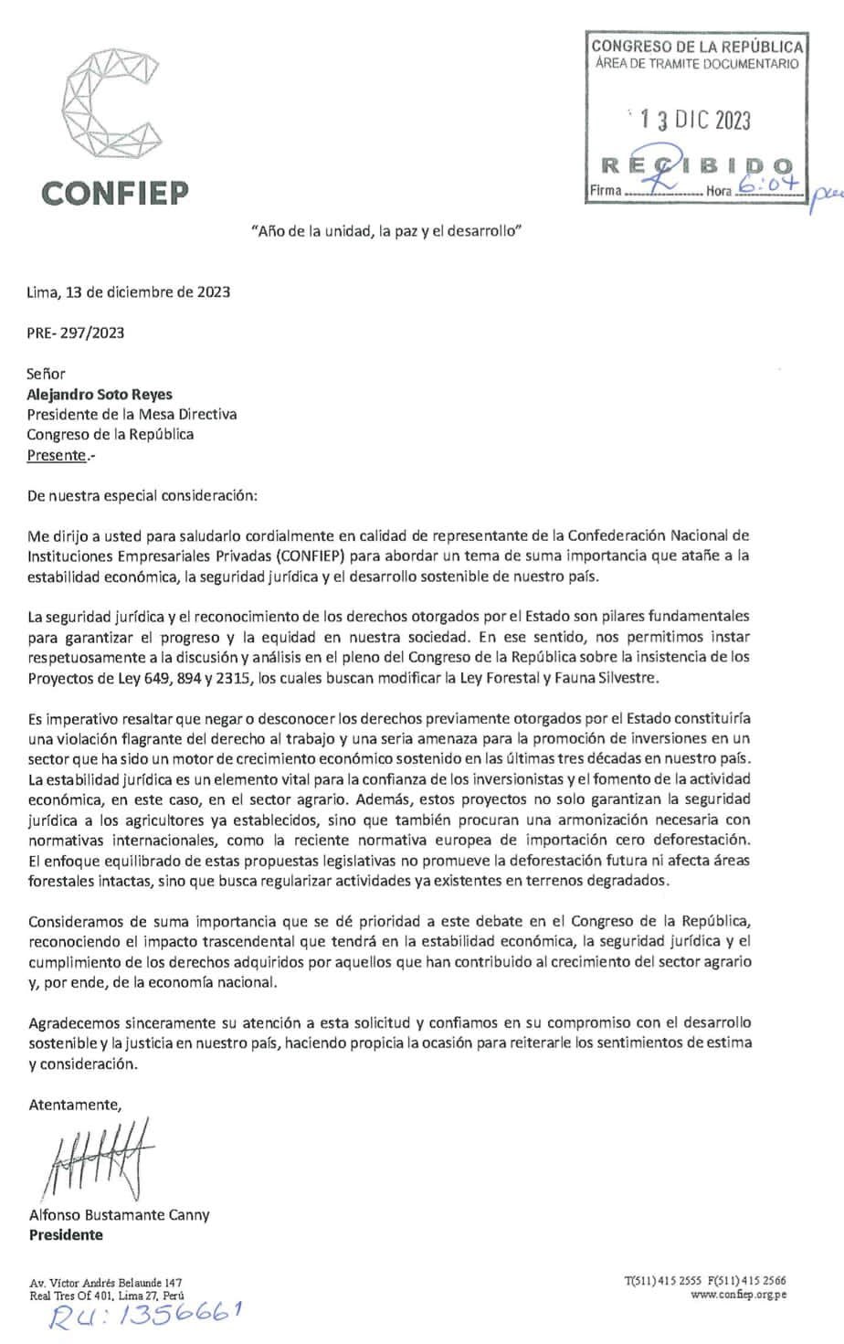 Martín Sarmiento on X: "Una carta de la #Confiep al presidente del  Congreso, #AlejandroSoto, confirma que desde este gremio se impulsó el  proyecto de ley forestal sin consultar a la mancomunidad amazónica. @