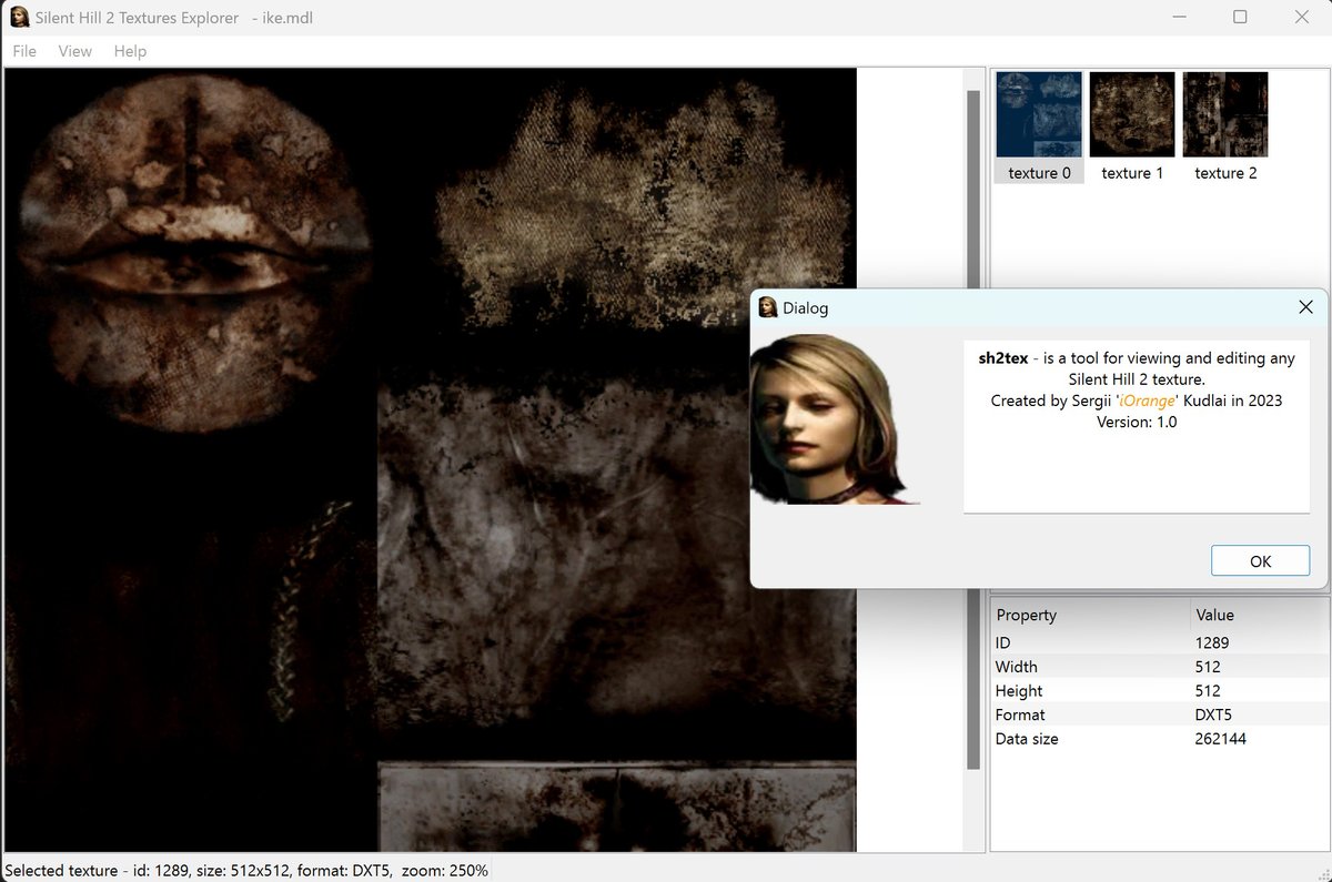 shlm_en's tweet photo. Silent Hill 2 Textures Explorer is an open-source tool by Sergii "iOrange" Kudlai that allows viewing/extraction and editing of any texture resource in the game (including levels and models)
https://t.co/T9PncXXQsj https://t.co/0uFbuucVDw