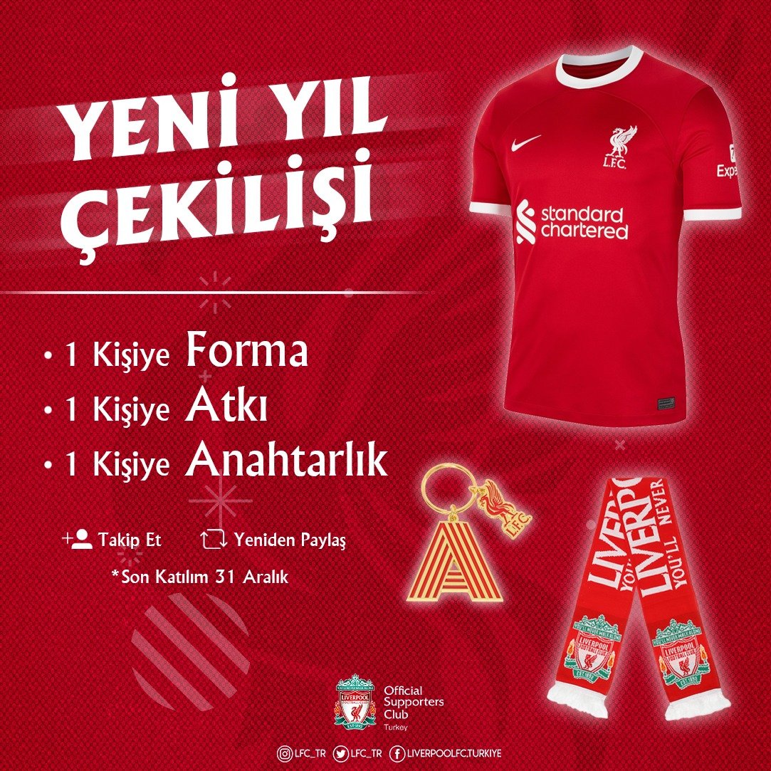 YILBAŞI ÖZEL ÇEKİLİŞİ 🎊🎁 31 Aralık tarihine kadar bu Tweeti RT edip hesabımızı takip eden bir kişiye 2023-24 Liverpool Forması, 1 kişiye Atkı ve 1 kişiye de Anahtarlık hediye ediyoruz. Kazanan isim 1 Ocak tarihinde açıklanacak. Herkese bol şans. 🍀 #YNWA #LFCFamily #LFC