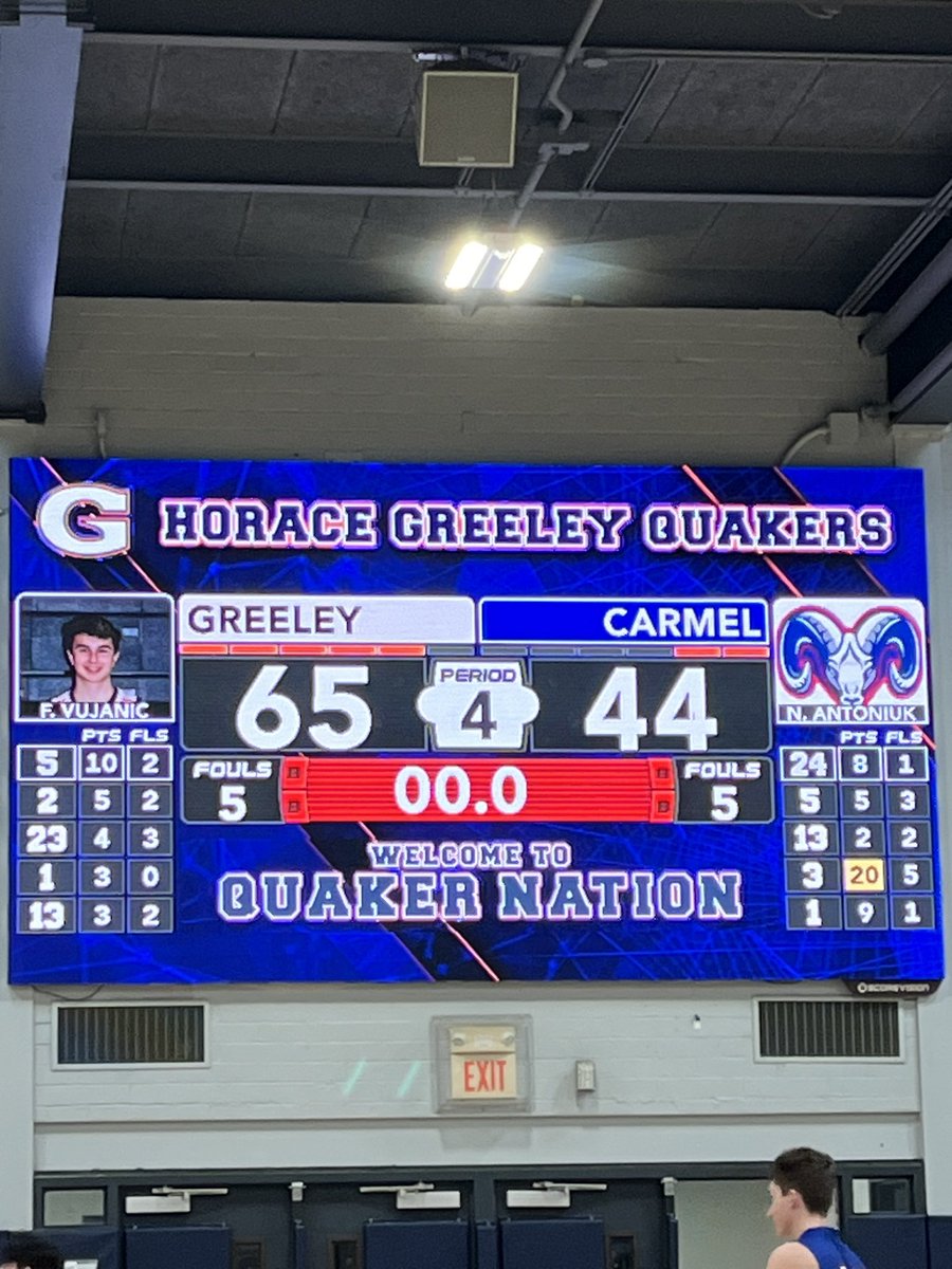 <a href="/GreeleyHoops/">Greeley Basketball</a> gets the win against Carmel 65-44. Benji Ricardo with career high 23 points, Nicky Tasso with 11 points, 8 rebounds. Filip Vujanic with 10. Zach Boyriven with 8 assists, 5 rebounds, 2 steals. <a href="/rayteodora1/">Ray Teodora</a> <a href="/lohudsports/">lohud sports</a> <a href="/KDJmedia1/">Kevin Devaney Jr.</a> <a href="/GreeleySports/">Greeley Sports</a>