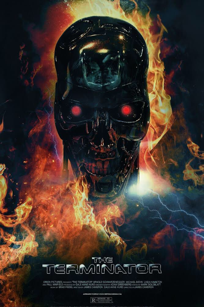 The Terminator poster art. #TheActionReturns #TheHorrorReturns #THRPodcastNetwork #Action #ActionMovies #ActionFilms #ActionTelevision #ActionSeries #ActionMoviePodcast #TheTerminator #ArnoldSchwarzenegger #LindaHamilton #MichaelBiehn #JamesCameron #CreepyDuckDesign
