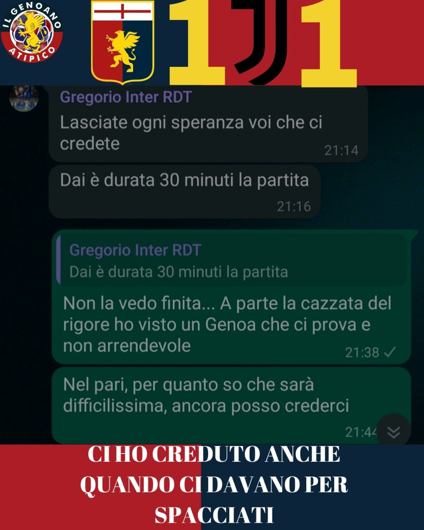 E comunque io nel pareggio tra #Genoa #GenoaCFC e #Juve #Juventus #JuventusFC ci credevo anche dopo lo svantaggio e c'è chi può confermarlo #GenoaJuventus #GenoaJuve #SerieA #SerieATim #calcio #calcioitaliano #calcioitalia #viral   #IlGenoanoAtipico