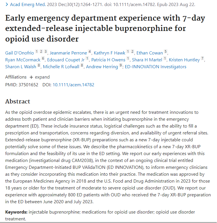 Cool new article on initiation of long-acting (7 day) buprenorphine in the ED. Seems like an awesome way to bridge the gap between ED and OP OUD-specific follow up

bit.ly/474Wp9r