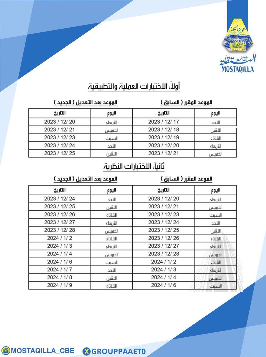 إعلان هام ‼️

تعلن عمادة القبول والتسجيل عن تغيير مواعيد الاختبارات النهائية وفقاً للجدول التالي :

#التطبيقي
  #paaet