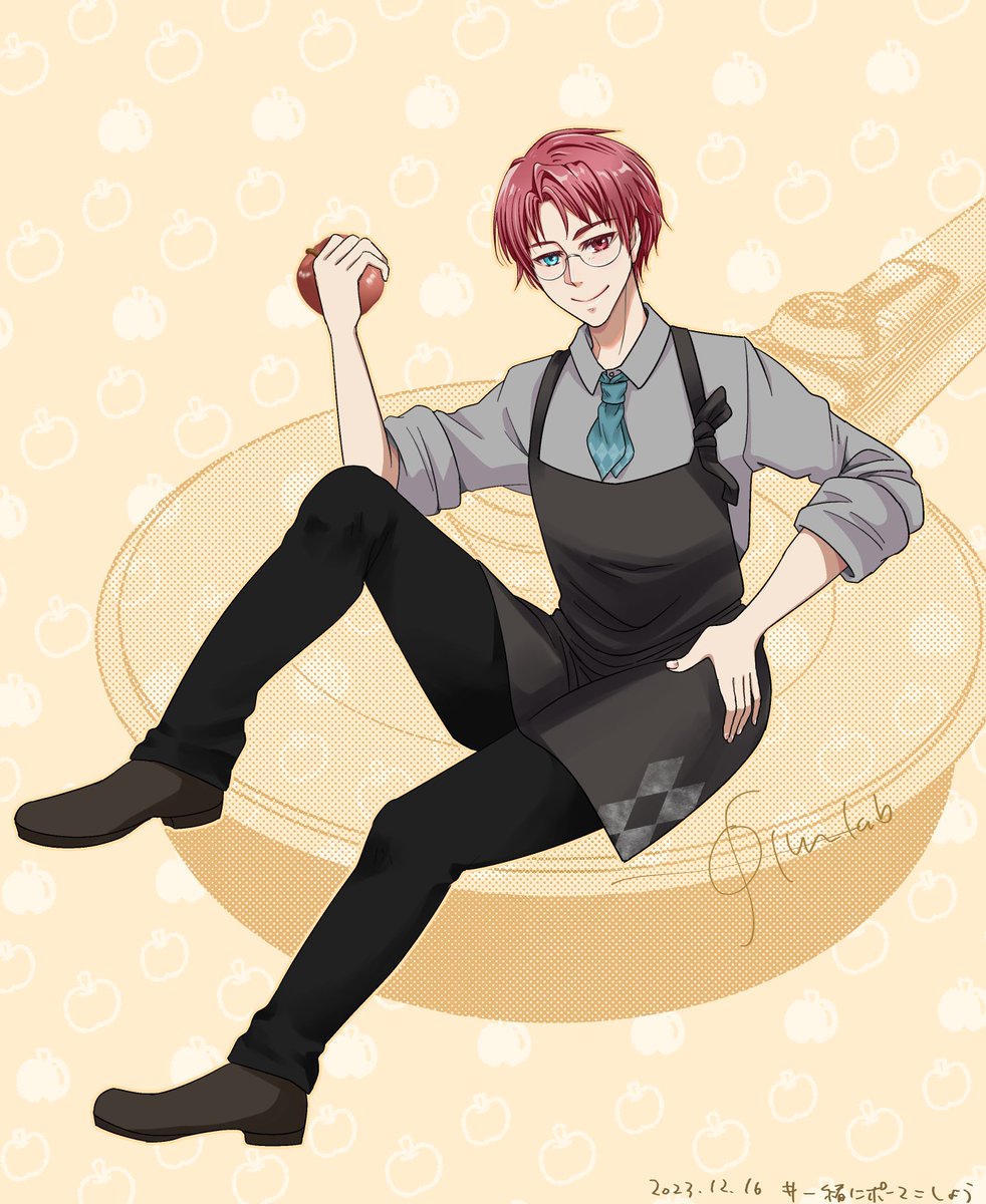 1boy male focus heterochromia apron food solo red hair  illustration images