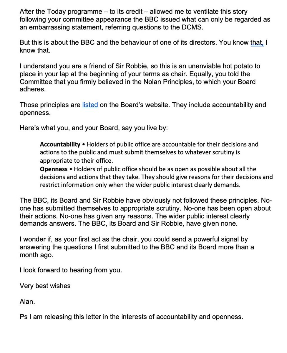 I've written to the BBC Chair-elect, Samir Shah, about his promise to <a href="/KevinBrennanMP/">Kevin Brennan</a> and <a href="/MrJohnNicolson/">JOHN NICOLSON 🇵🇸 🇺🇦 🇬🇱</a> to inquire about Sir Robbie Gibb. The response of the BBC so far has been woeful, but I'm sure he'll want to change all that