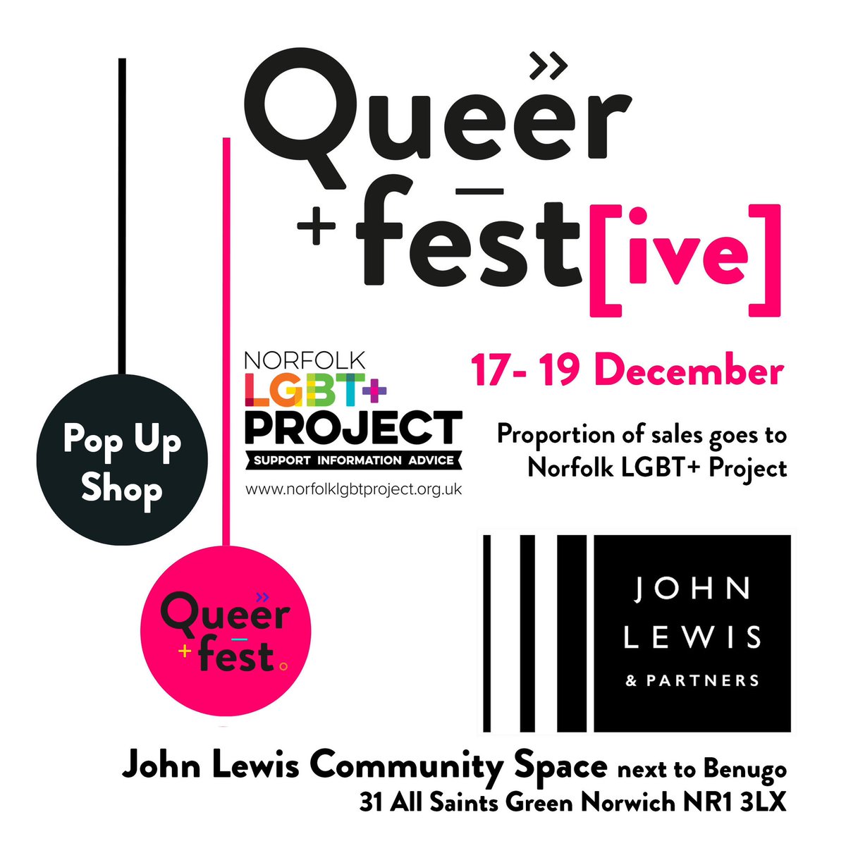 Starting tomorrow for 3 days. Queerfest[ive] will play on the idea of the traditional gendered gift sections &amp; provide ‘Gifts For Them’ with a pop up shop right in the heart of John Lewis, Norwich. 7 gloriously queer makers, with a portion of sales for Norfolk LGBT+ Project.