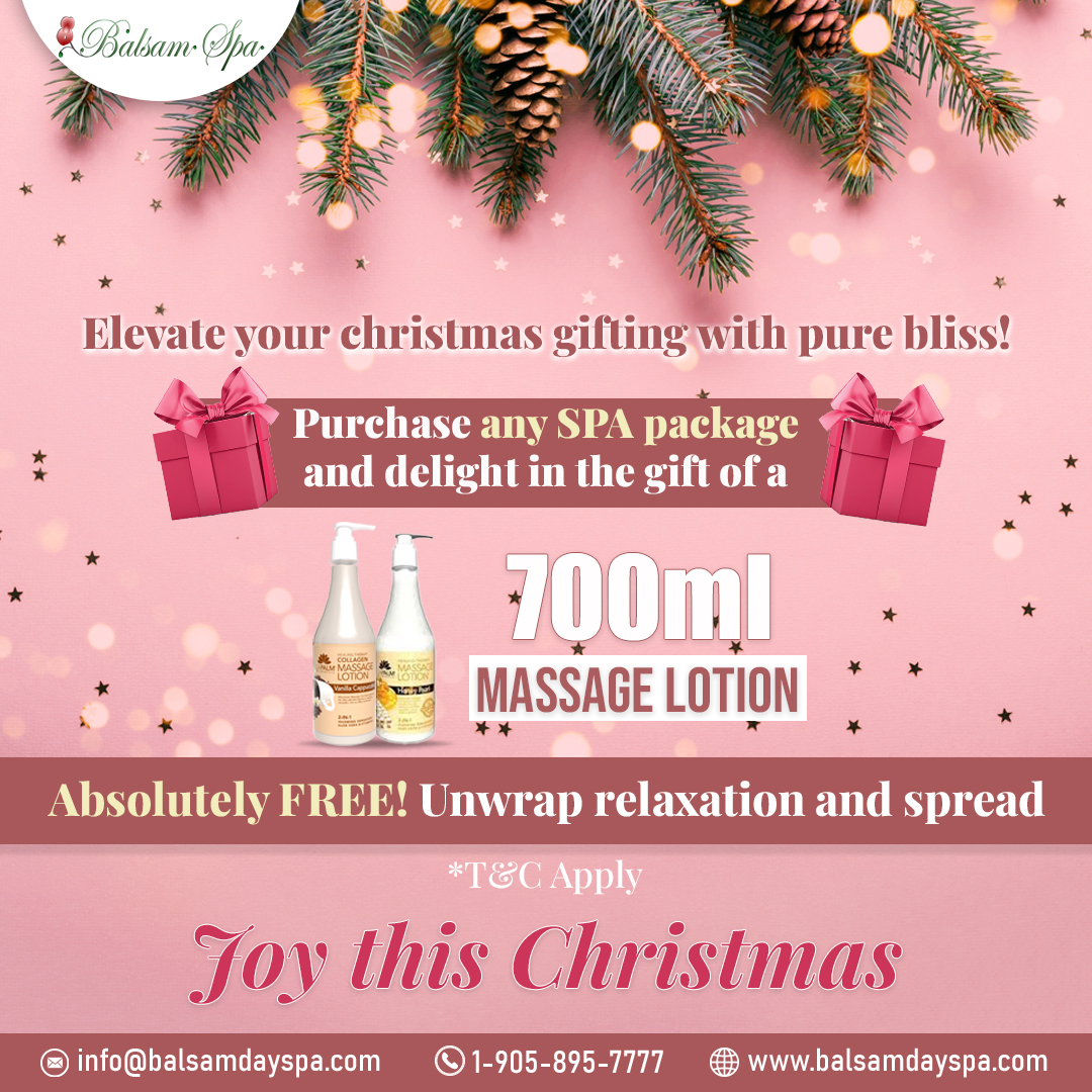 BalsamDaySpa's tweet image. Unwrap tranquility and share the joy of pampering this #Christmas ! 🎁✨ 

Purchase any #SPApackage and receive a complimentary 700ml Massage Lotion. Treat yourself or a loved one to the gift of relaxation.

📅Book your appointment today!
☎️ 1-905-895-7777

#balsamspa #newmarket