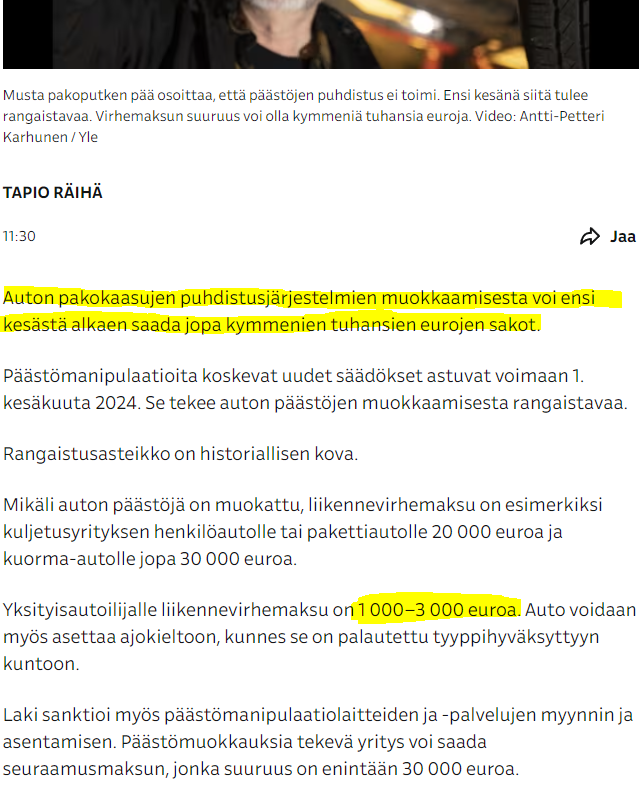 Suomalaisia oikeuskäytäntöjä:
*Aja ilman katalysaattoria: jopa 3000€ sakko
*Tappo kiduttamalla: 2000€ kärsimyskorvausta

Onko valtion mielestä katalysaattorin puuttuminen pahempi juttu kuin läheisen kuolema väkivaltaisesti?

yle.fi/a/74-20064283
is.fi/kotimaa/art-20…