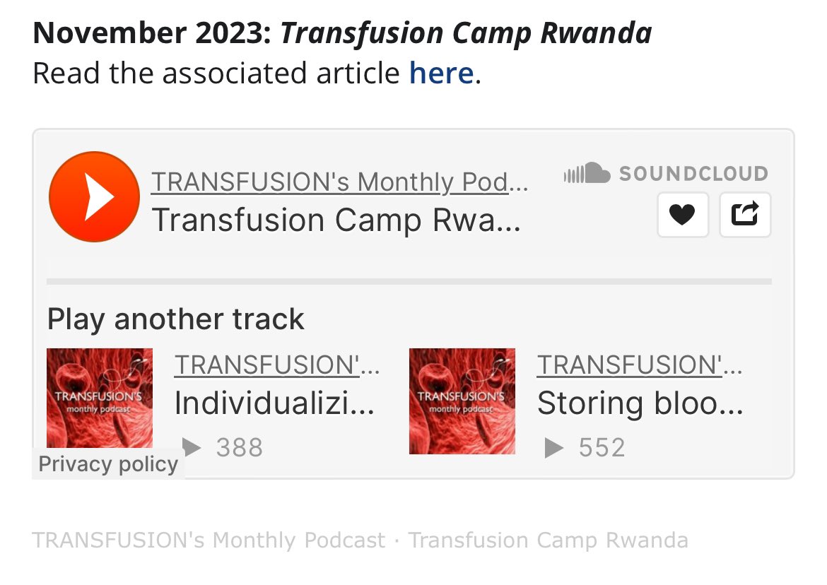 Teresa Skelton (@terriskeltoncan) on Twitter photo Thank you to Dr. Yara Park and <a href="/AABB/">AABB</a> for including our group and highlighting the great work of Transfusion Camp Rwanda in the #Transfusion monthly podcast. onlinelibrary.wiley.com/journal/153729…
<a href="/dryulialin/">Yulia Lin</a>
<a href="/RBCRwanda/">Rwanda Biomedical Centre</a>
<a href="/VASTLearning/">VAST Learning</a>
<a href="/Uni_Rwanda/">University of Rwanda</a>
<a href="/CAS_IEF/">CAS IEF</a>
<a href="/ISBTCO/">ISBT Central Office</a> Thank you to Dr. Yara Park and <a href="/AABB/">AABB</a> for including our group and highlighting the great work of Transfusion Camp Rwanda in the #Transfusion monthly podcast. onlinelibrary.wiley.com/journal/153729…
<a href="/dryulialin/">Yulia Lin</a>
<a href="/RBCRwanda/">Rwanda Biomedical Centre</a>
<a href="/VASTLearning/">VAST Learning</a>
<a href="/Uni_Rwanda/">University of Rwanda</a>
<a href="/CAS_IEF/">CAS IEF</a>
<a href="/ISBTCO/">ISBT Central Office</a>