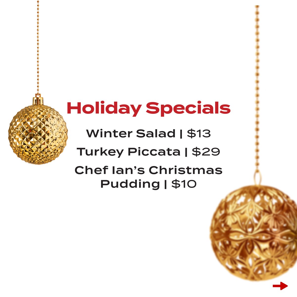 This Christmas, we're serving up the Merriest of Menus December 23-24 (even Santa Clause asked us to set out a plate for him instead of cookies)! 🎅

Winter Salad 🥗
Turkey Piccata 🍗
Chef Ian’s Christmas Pudding 🍮

Available Dec. 23-24
Dine-in Only