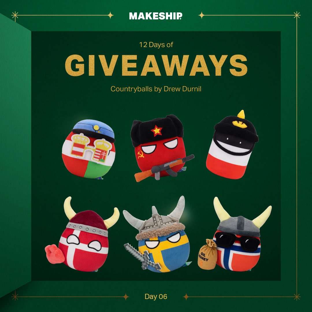 🎁 MAKESHIP 12 DAYS OF GIVEAWAYS 🎁 on the sixth day of giveaways, @makeship gave to me: 2 sets of @drewdurnil countryballs 🔴🔵🟡 TO ENTER: 1. Follow @makeship & @drewdurnil 2. Comment an emoji! Every comment is a separate entry. 2 lucky winners will be chosen on Sun,…