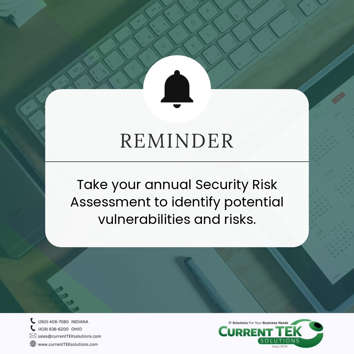 currentTEK's tweet image. 🚨 Don&apos;t Forget!

As we move into the new year, it&apos;s crucial to take your annual Security Risk Assessment. Identify and address potential vulnerabilities and set a baseline for 2024. 

Contact us today! sales@currentTEKsolutions.com

#SecurityRiskAssessment #MSPInsights