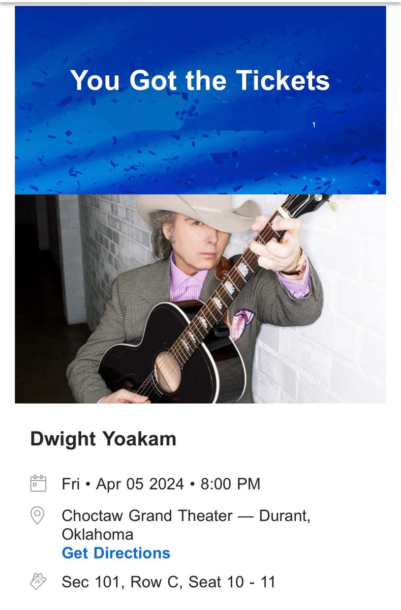 There is 1 and only 1 country singer that I want to see in concert. The one and only <a href="/DwightYoakam/">Dwight Yoakam</a> !! Elaine just surprised me with 3rd row seats for the show at <a href="/ChoctawDurant/">ChoctawDurant</a> !!!