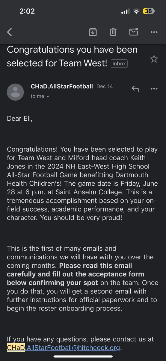 Honored to be chosen to play in this years CHAD game