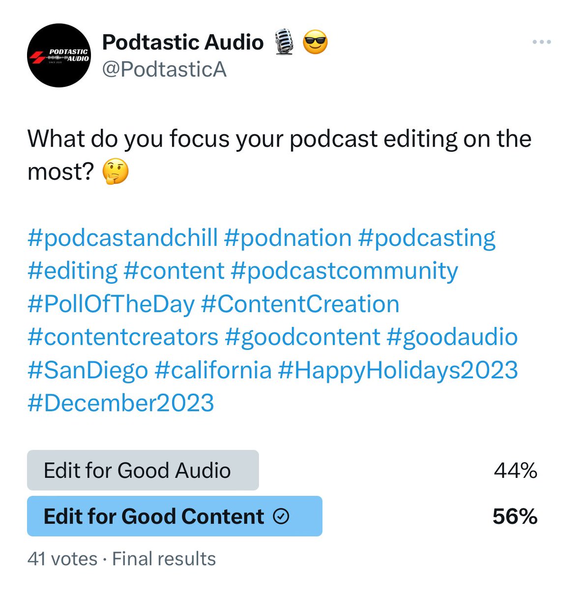 Close vote, but content is King. 

The correct answer is both 👍

Good Content + Good Audio = Amazing!

#PodcastWeekend #podnation #podernfamily #podcasts #podcast #ContenCreation #goodcontent #goodaudio #audiophile #audio #fun #SaturdayMood