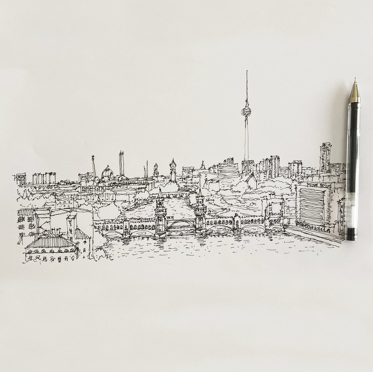 Aerial view of the Oberbaum Bridge in Berlin. #Berlin #OberbaumBridge #Oberbaumbrucke #BerlinTvTower #Germany #InkDrawing #UrbanSketch #SketchDaily #Sketch #Drawing #Pen #Ink #Pendrawing #Sketchart #Drawingoftheday #Sketchoftheday #Sketch_Artwork #Architecture #Art