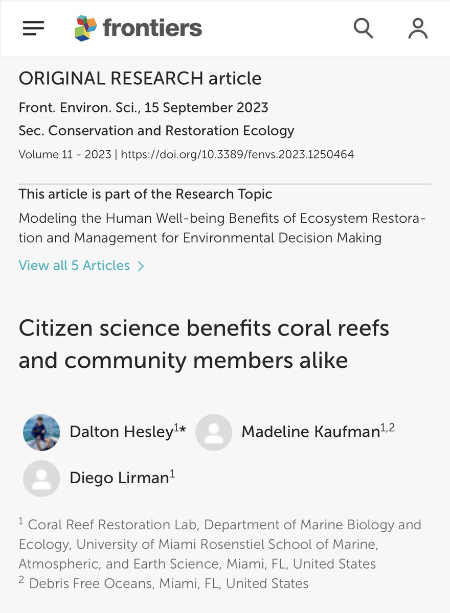 I am so excited and proud to share our new research paper evaluating the long-term social impacts of the @rescueareef program is published (& open access)!

We found that there are meaningful, positive impacts from our #citsci coral restoration program!
frontiersin.org/articles/10.33…