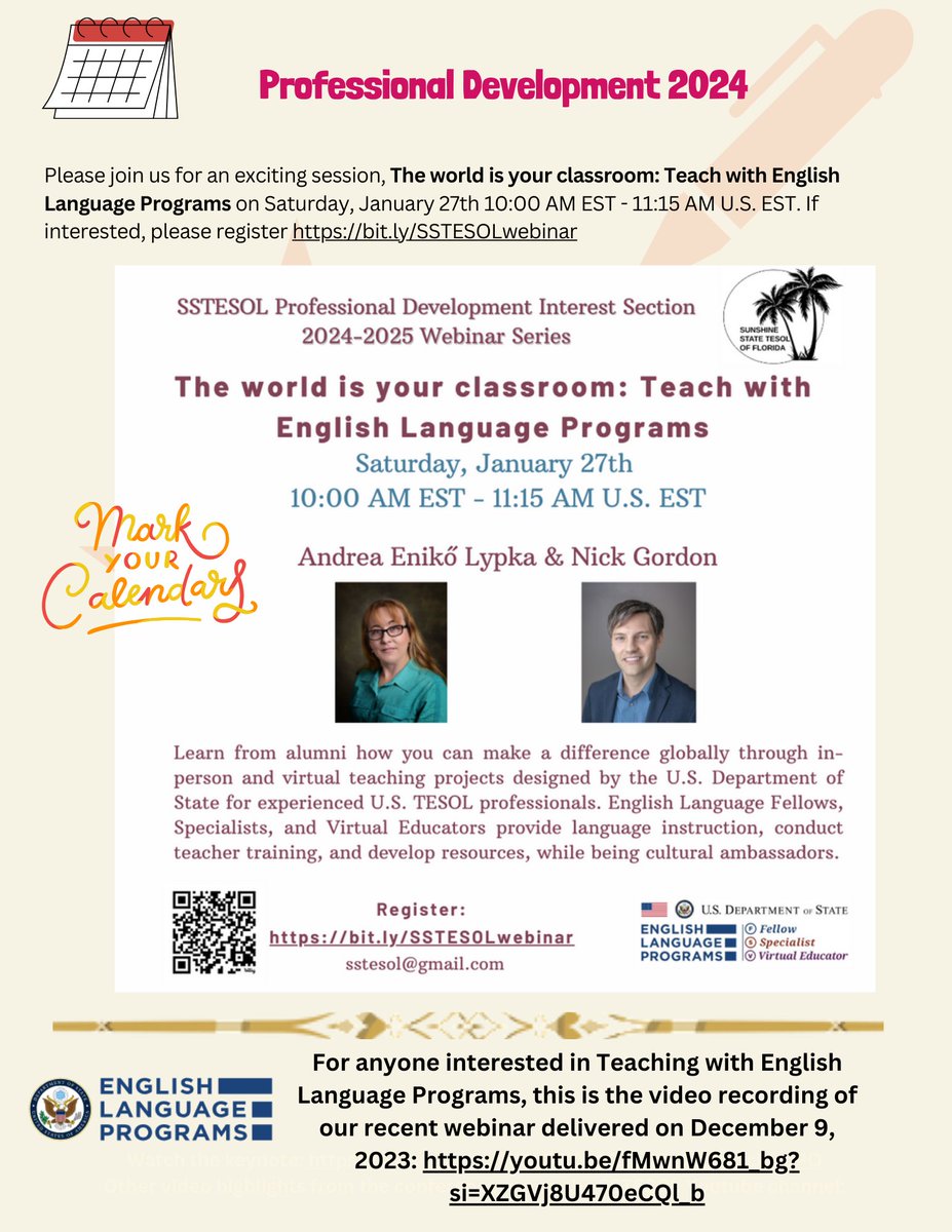 Enjoy the <a href="/SSTESOL/">Sunshine State TESOL</a>  December Newsletter.
Share our newsletter with anyone who you think could benefit from these resources. <a href="/andrealypka/">Andrea</a>