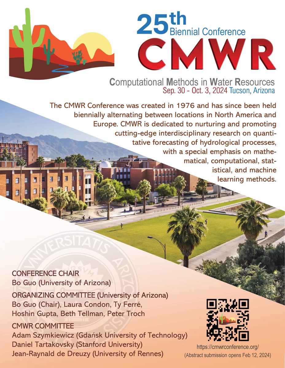 Thrilled to share the 25th CMWR Conference will be held in Tucson, Arizona (Sept 30 to Oct 3, 2024). Abstract submission opens in Feb 2024. Come to talk about computational water science, hike in the beautiful scenic trails, and enjoy the stunning desert landscapes in Tucson!