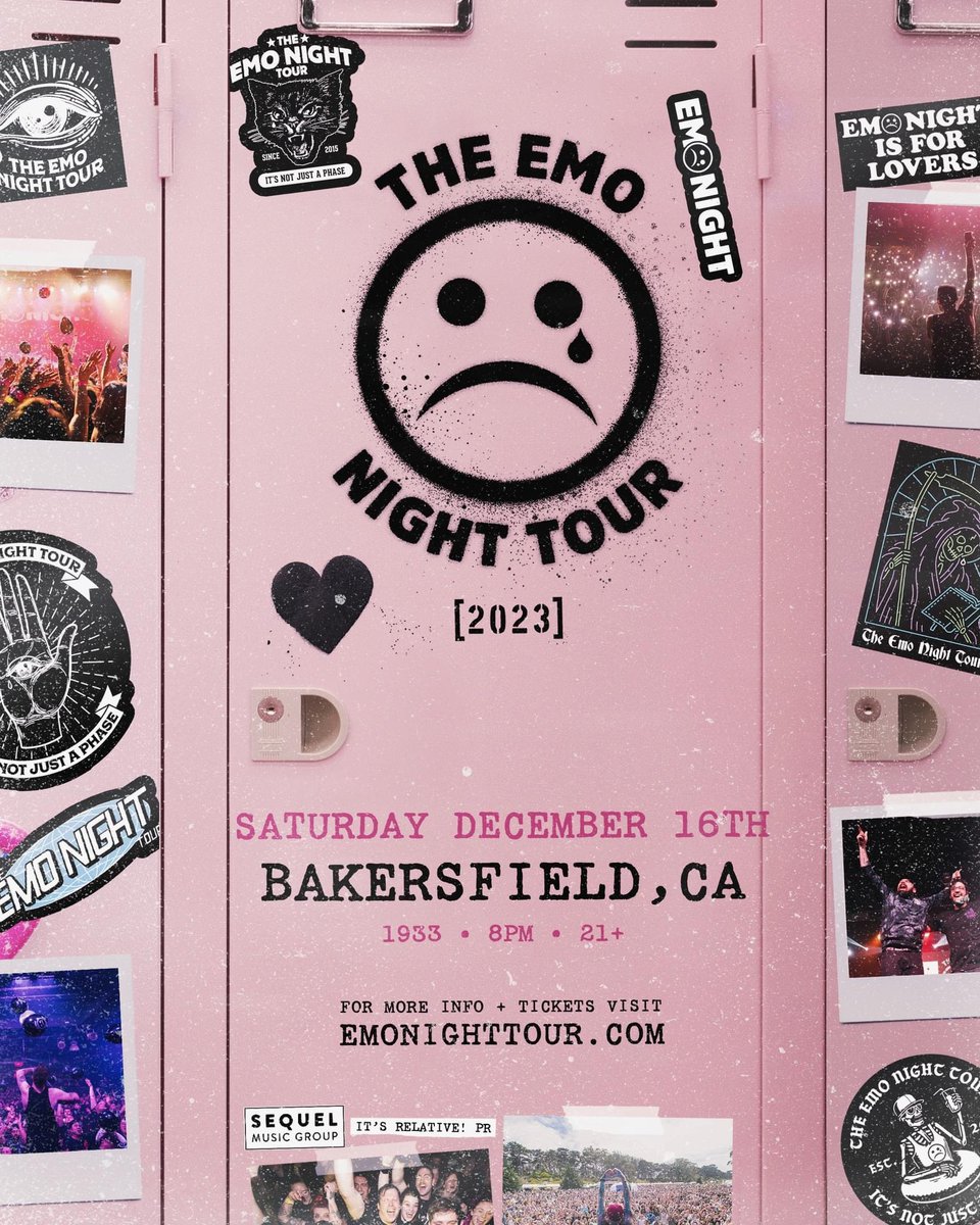 Tonight! December 16th in Bakersfield, California
The Emo Night Tour - Bakersfield
21+ / $15-$21 Adv / $25 Dos
Tickets: bit.ly/3QuwQtb