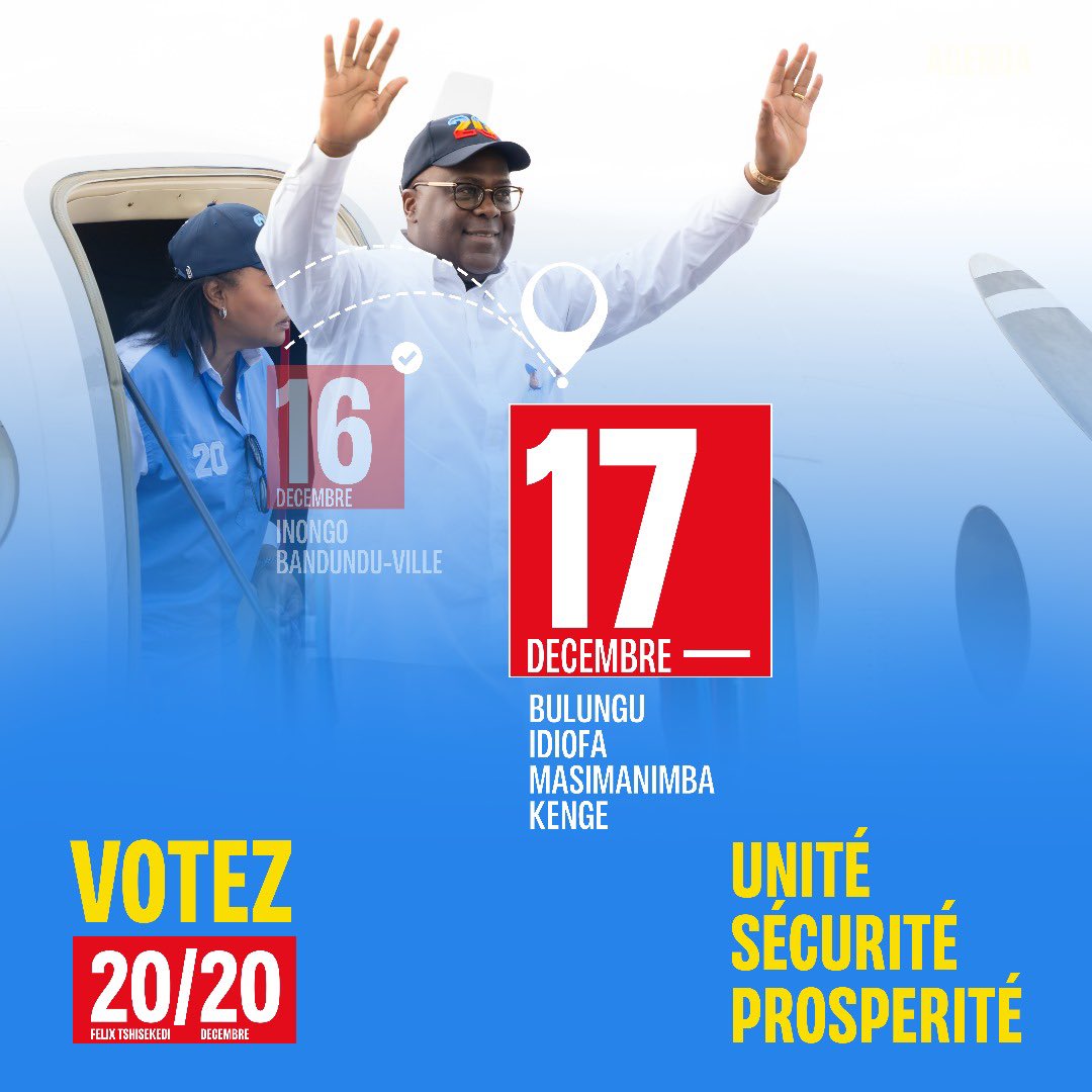 L’itinérance du #20 pour demain:
👉🏻 17 décembre : Bulungu, Idiofa, Masimbanimba et Kenge.

#Fatshi20 #FatshiPresident #Fatshi #Votez20 #RDC #FatshiBeton