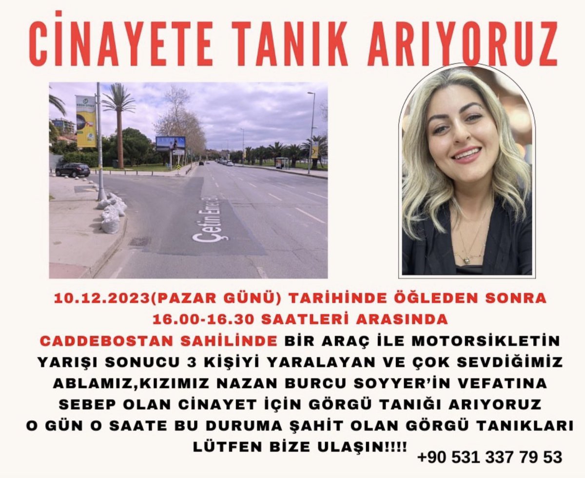 Gören duyan tanık olan varsa lütfen bize yardımcı olun.
#NazanBurcuSoyyer #KazaDeğilCinayet #BağdatCaddesi #Cadde #Caddebostan #Erenköy #Suadiye #SonDakika #Haber #Cinayet #Kadıköy #Kaza