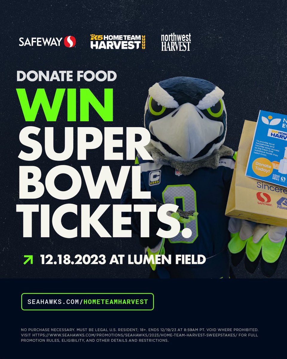 Help with our Home Team Harvest food drive! Bring your non-perishable food items to the Monday Night Football game against the Eagles and be entered for a chance to win tickets to the Super Bowl!