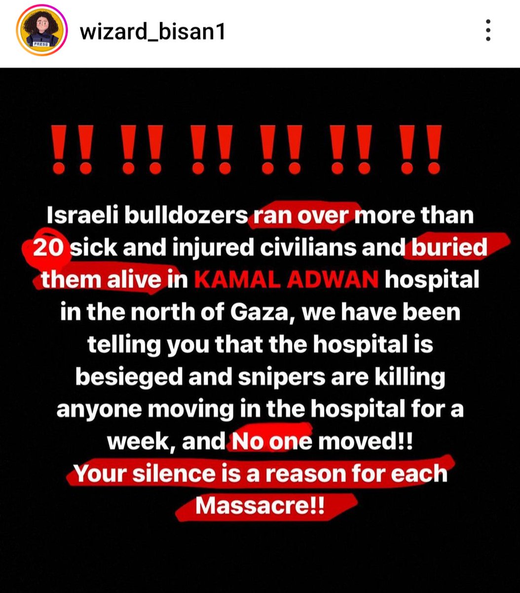 bridgejeter's tweet photo. @SenKatieBritt I've seen actual videos of the Israeli tanks running over bodies. Go to Bisan's IG. She is a photo journalist. One of the few journalists that haven't been executed by the IDF to silence them. She is slowly being executed by lack of food and shelter from the elements. https://t.co/nE00VsomNr
