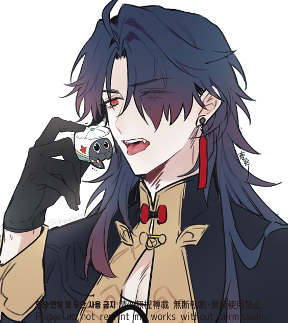 blade (honkai: star rail) 1boy male focus earrings jewelry gloves tongue red eyes  illustration images