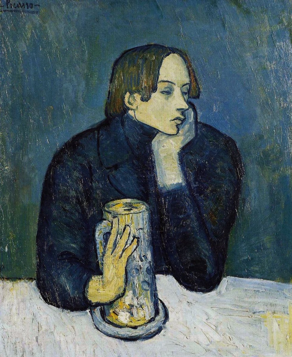 arte12234's tweet photo. "La cerveza" es un óleo sobre lienzo creado por Pablo Picasso en el año 1901. El cuadro retrata al escritor, poeta y amigo del artista, Jaime Sabartés. Esta obra es considerada como una de las primeras pinturas correspondientes al "Período Azul". https://t.co/OXBZ6DQfhL