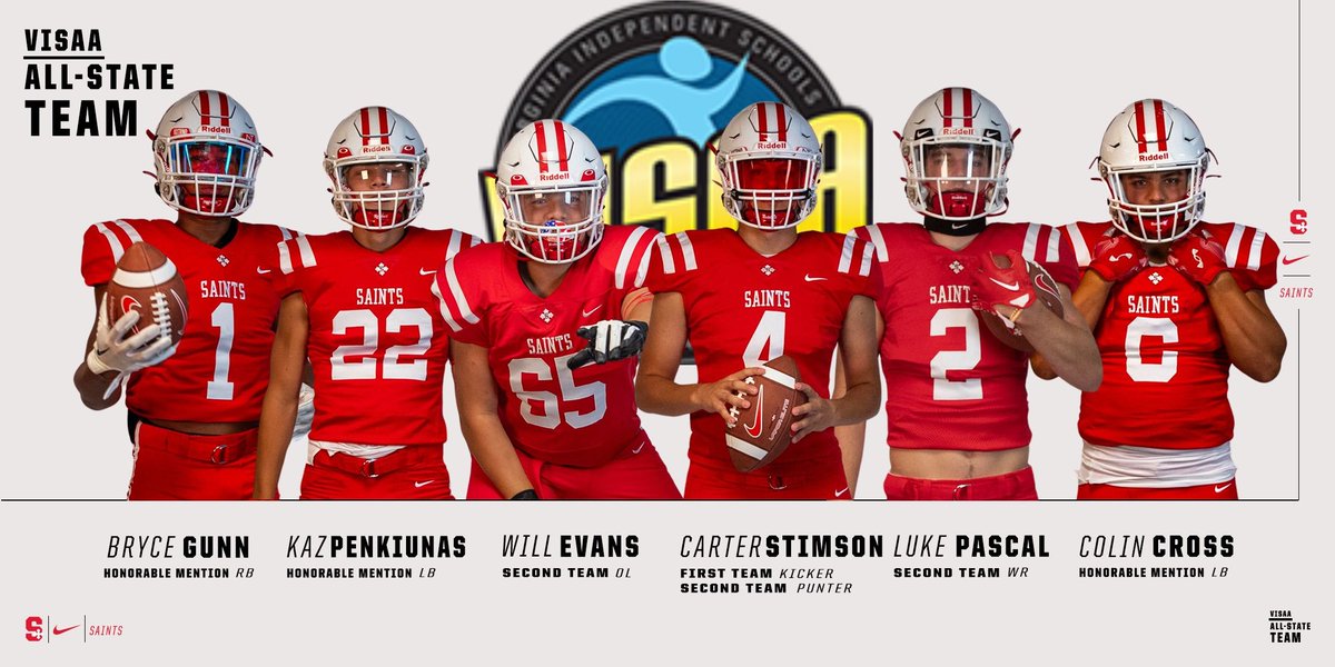 Congrats to our Saints on Visaa All-State Honors in football:

Bryce Gunn - Honorable Mention RB
Kaz Penkiunas - Honorable Mention LB
Will Evans - Second Team OL
Carter Stimson - First Team Kicker, Second Team Punter
Luke Pascal - Second Team Wr
Colin Cross - Honorable Mention LB