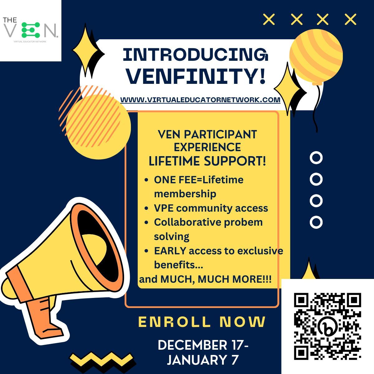 TheOfficial_VEN's tweet image. 🚨 Exciting News! 🚨 Enrollment for #VENfinity Round 2 opens 12/17! 🌟
Scan the QR code for more info and to join! Enroll by 1.7.24. #EducationRevolution 
#virtualeducatornetwork #professionaldevelopment #educatorsupport #socialworkersupport