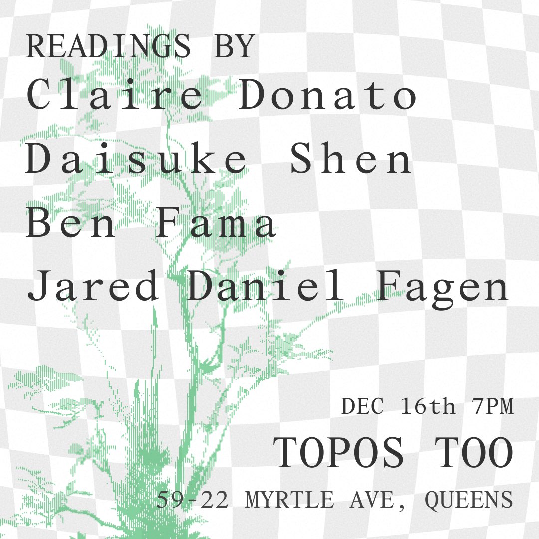 Tonight with @JeSuisBebby @dai__joubu @clairedonato at Topos Too in Ridgewood. Reading new work and pressing every kiss into adieux.
