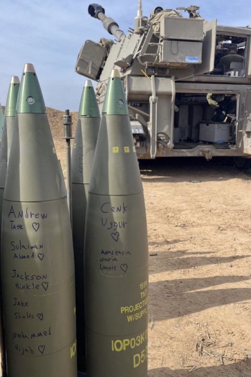 '🔴 The Israeli army labels missiles with the names of social media users. Notable names include Andrew Tate and Jackson Hinkle. #Israel #DigitalInfluence' @jacksonhinklle @ShaykhSulaiman Names included on the missile include;
@Cobratate @jakeshieldsajj @mohammed_hijab @DrLoupis