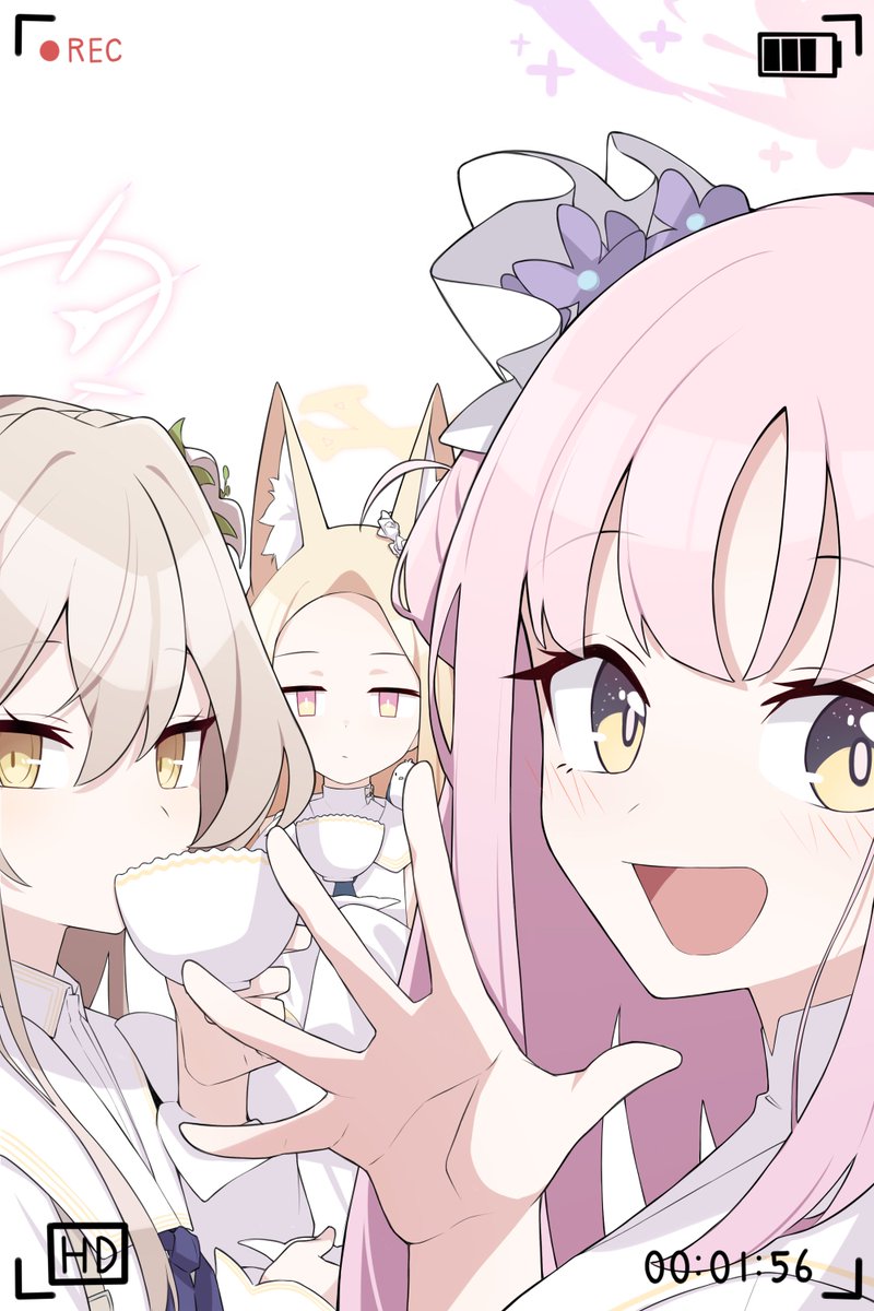 mika (blue archive) ,nagisa (blue archive) ,seia (blue archive) multiple girls 3girls yellow eyes animal ears halo cup teacup  illustration images
