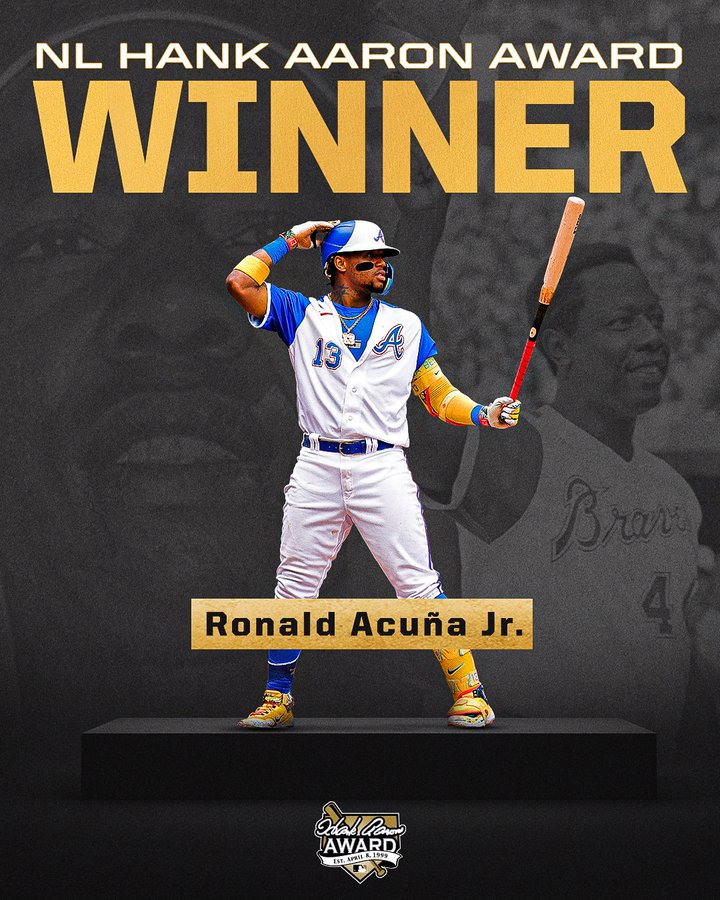National League Hank Aaron Award winner: Ronald Acuña Jr.
Pictured: Cutout of Acuña Jr. holding a baseball bat in a Braves City Connect uniform. In the background are black and white photos of Hank Aaron.