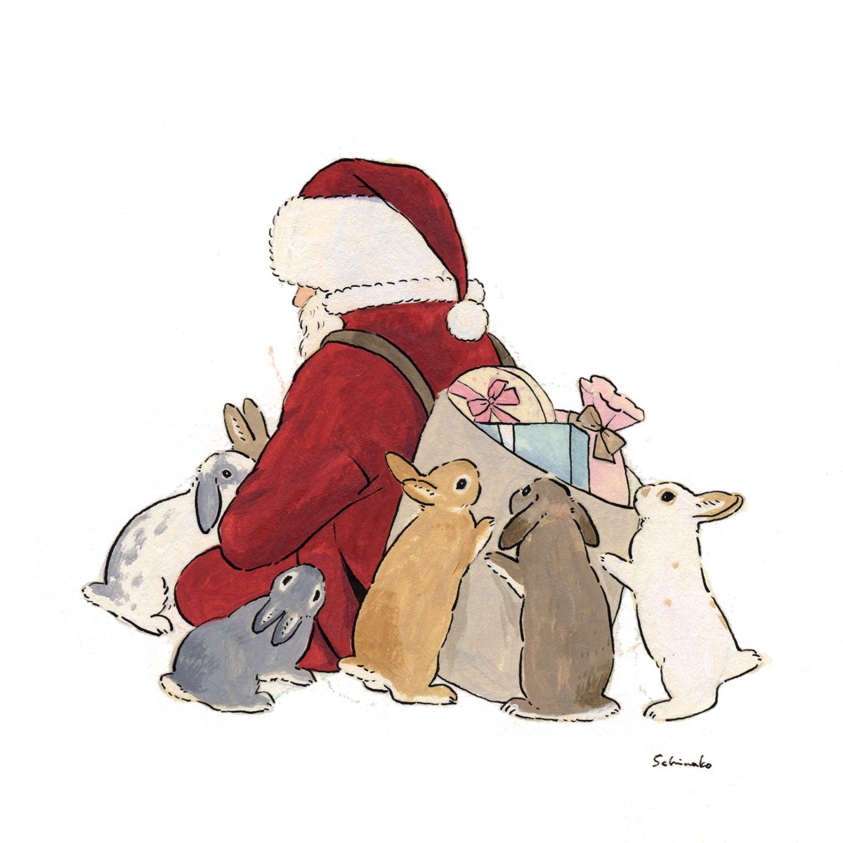 santa claus red pants rabbit hat santa hat box gift white background  illustration images