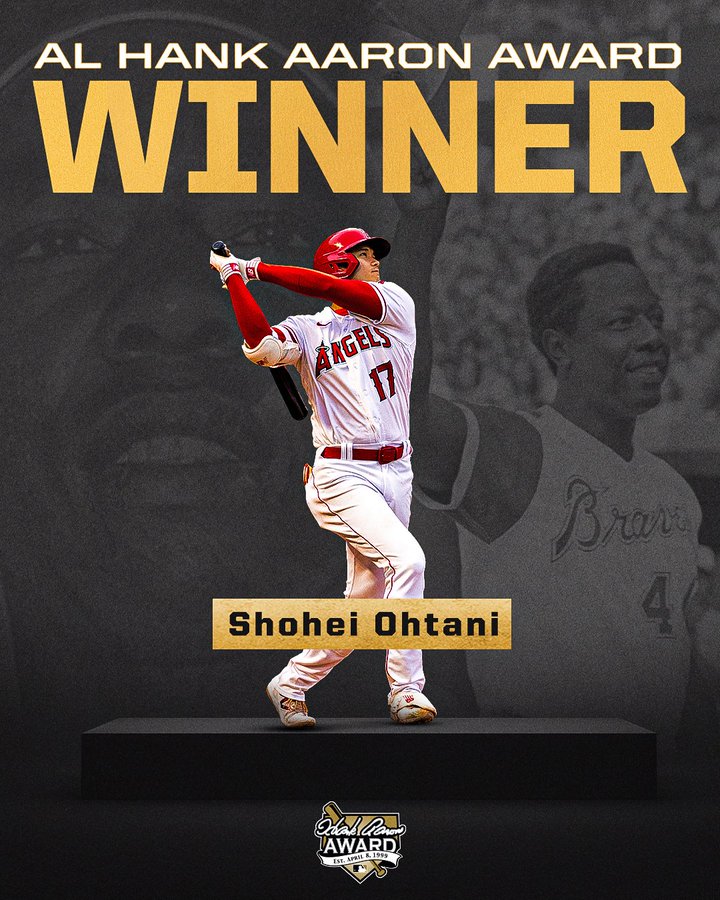 American League Hank Aaron Award winner: Shohei Ohtani
Pictured: Cutout of Ohtani swinging a baseball bat. In the background are black and white photos of Hank Aaron.