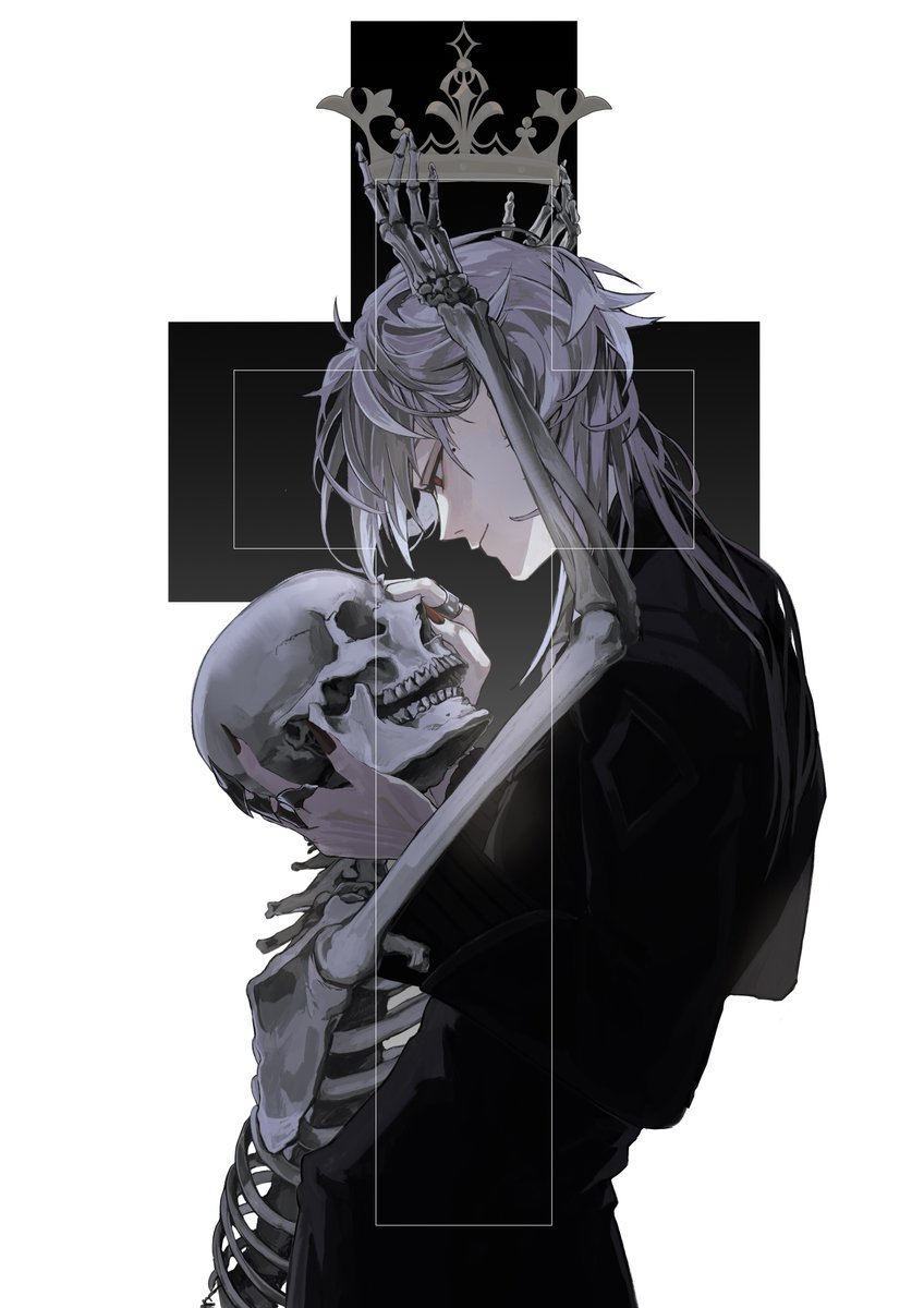 skeleton skull ribs holding crown solo grey hair  illustration images