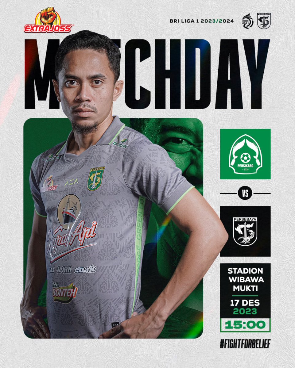 Bismillah Persebaya Day 🏆: BRI Liga 1 2023/2024 ⚽️: Persikabo vs Persebaya 📅: Minggu, 17 Desember 2023 ⌚️: 15.00 WIB 🏟: Wibawa Mukti 📺: Indosiar #persebayaday #fightforbelief