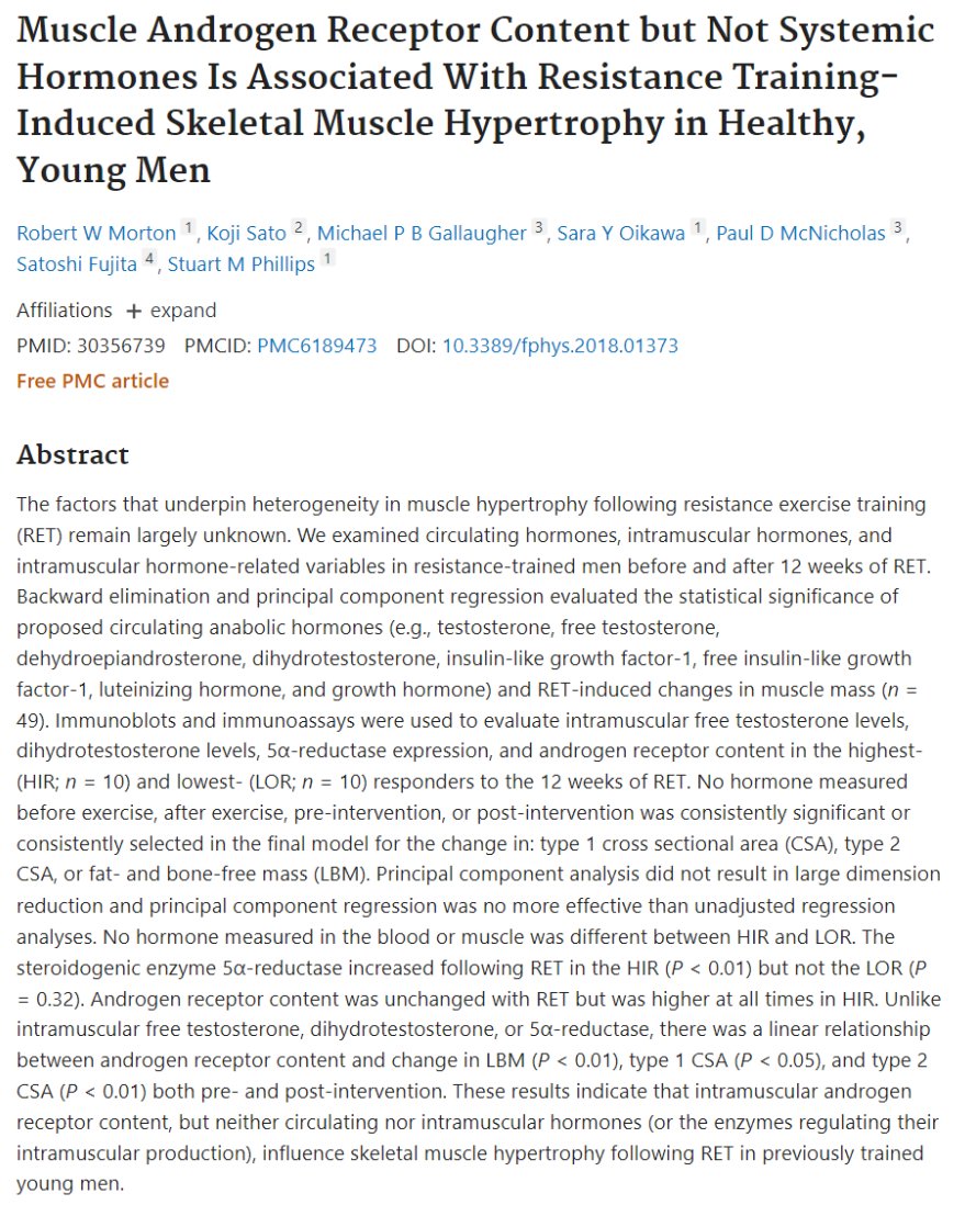 Most think that testosterone makes your muscles bigger.

Wrong. 

Systemic hormones;

- testosterone
- dihydrotestosterone
- growth hormone

don't make your muscles bigger.

Your androgen receptor (AR) content does.

Muscular hypertrophy and changes in lean body mass are…