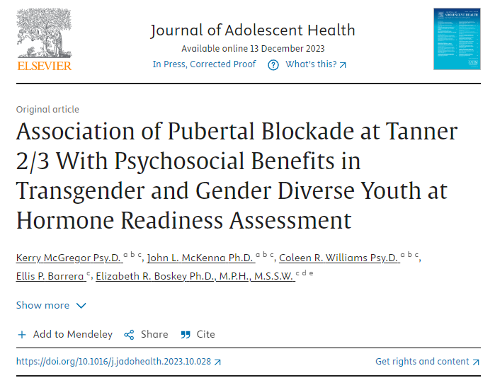 Incredible new transgender study was just published in the prestigious Journal of Adolescent Health. The study finds that puberty blockers significantly reduce anxiety, depression, and suicidal thoughts compared to those who did not receive blockers. They are lifesaving.