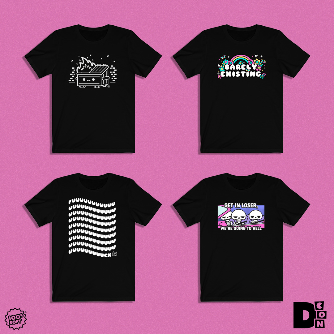 We've got two new shirts and two customer faves with us at @designercon !⁠ The Dumpster Fire Night and Barely Existing Tees are debuting at DCon and will be coming soon to our online shop!⁠ All tee's are $30-$32 and available at our Booth 1419! 100soft.shop/pages/100-soft…