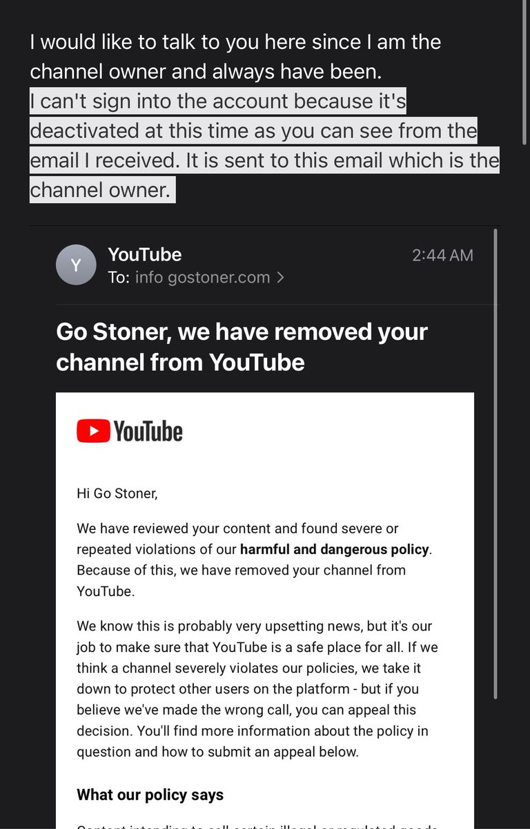 How's my day going trying to get my wrongfully deleted @YouTube channel back after speaking to someone one the phone who was great and actually agreed (but couldn't do anything) sent me to creator customer service and now I'm in YouTube hell...makes a grown man cry